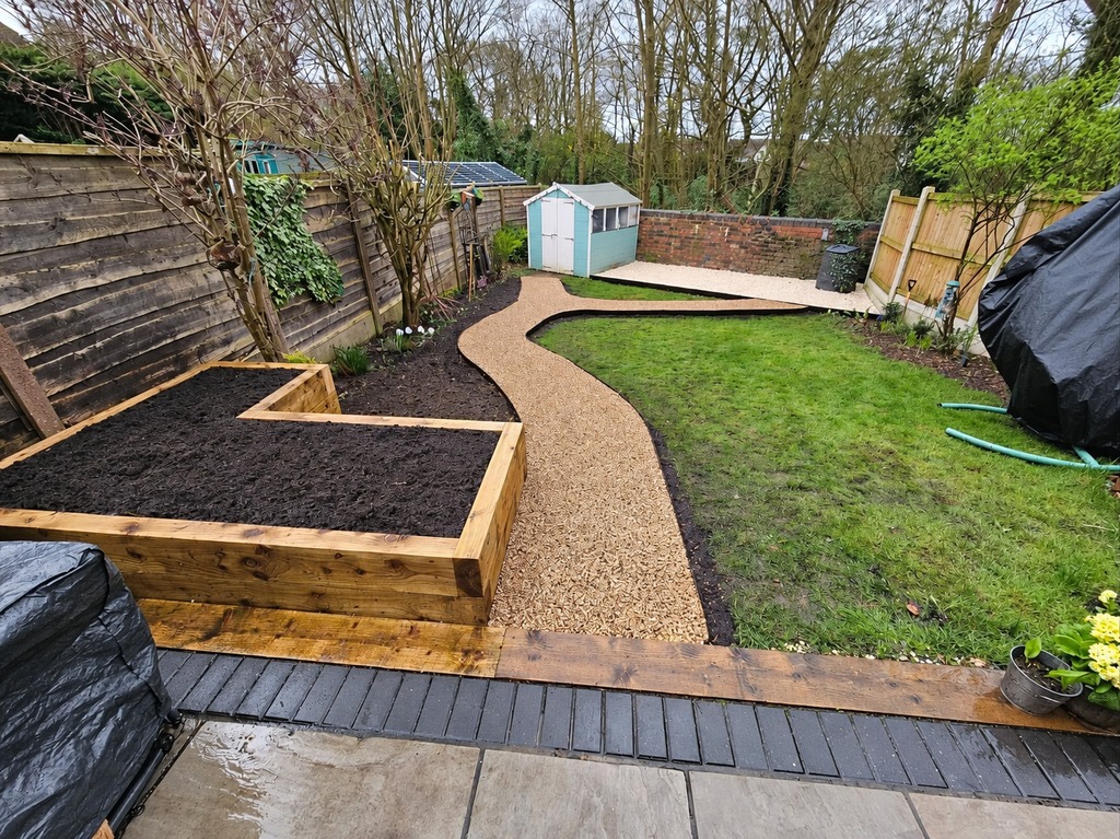Prestwich garden in March: a new L-shaped sleeper planter and gravel path to a blue shed